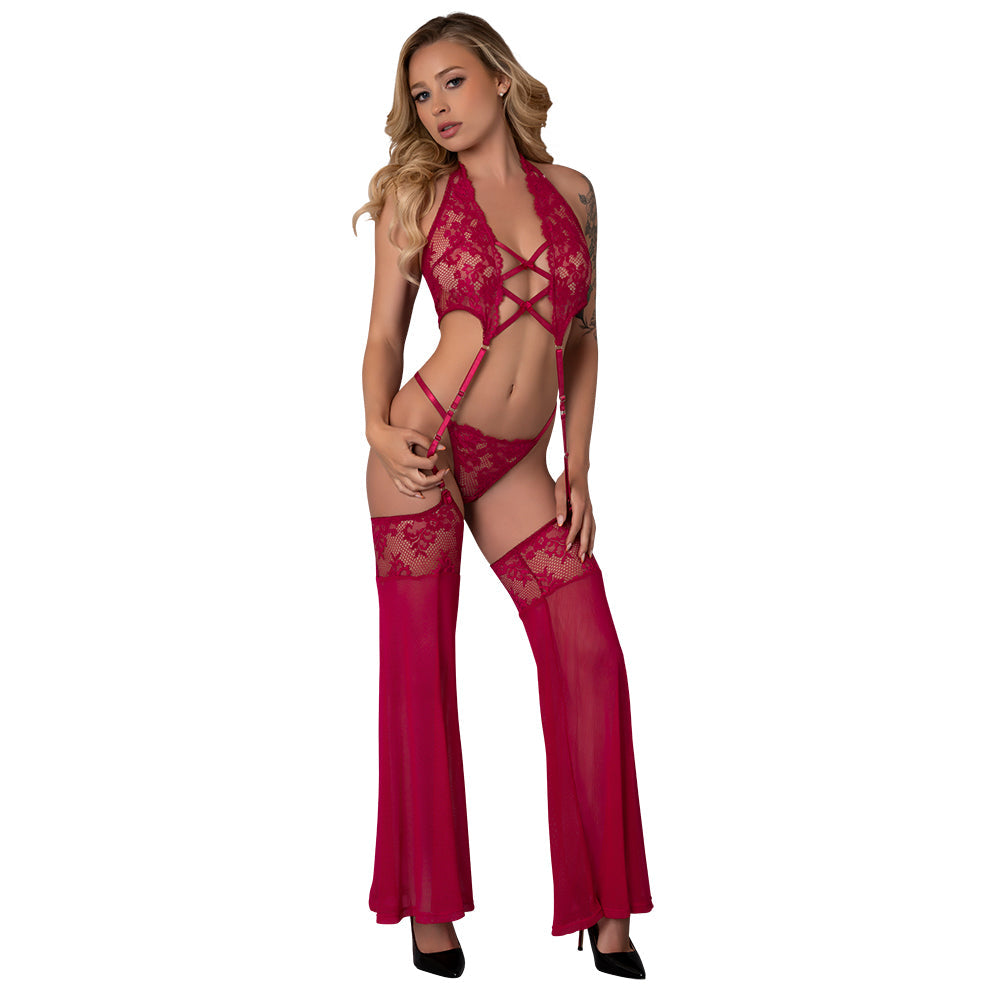 Black Cherry Plunge Top with Removable Chaps & Cheeky Panty Set - Small/Medium
